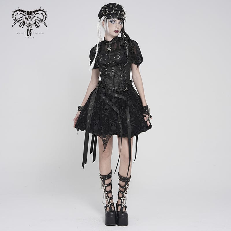 DEVILFASHION Women's Gothic Lace-up Zip Swallow-tailed Vest Black