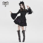 DEVILFASHION Women's Gothic Layered Lace-up Plaid Skirt Black-Purple