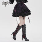 DEVILFASHION Women's Gothic Layered Lace-up Plaid Skirt Black-Purple
