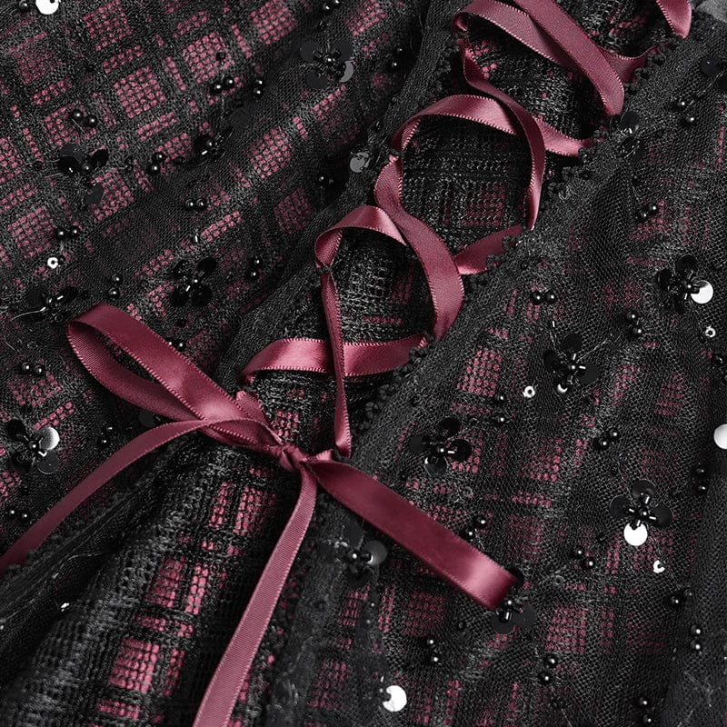 DEVILFASHION Women's Gothic Layered Lace-up Plaid Skirt Black-Red