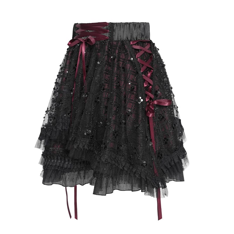 DEVILFASHION Women's Gothic Layered Lace-up Plaid Skirt Black-Red