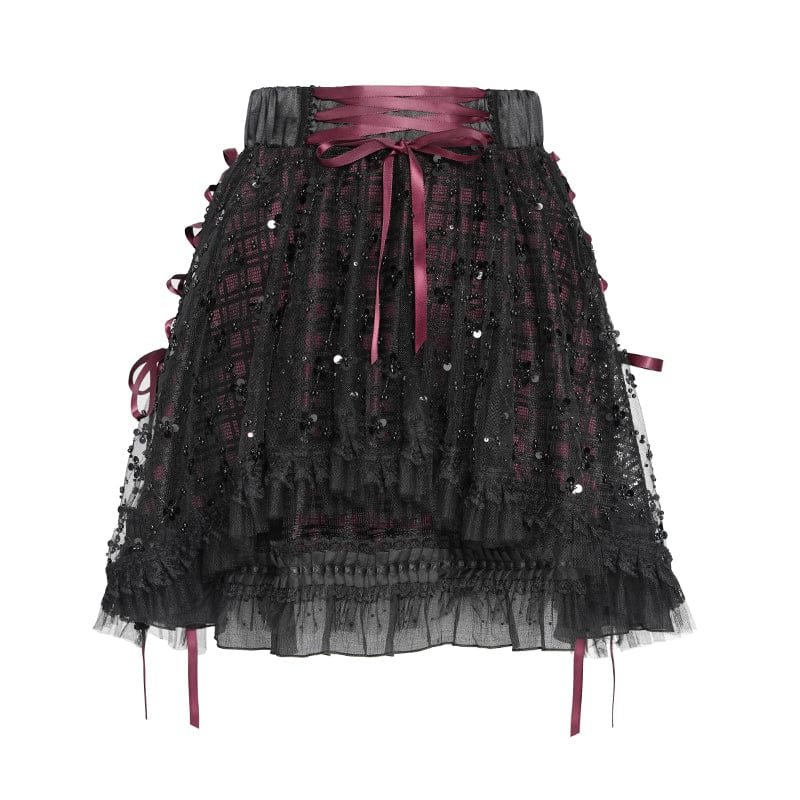 DEVILFASHION Women's Gothic Layered Lace-up Plaid Skirt Black-Red