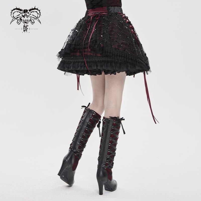DEVILFASHION Women's Gothic Layered Lace-up Plaid Skirt Black-Red