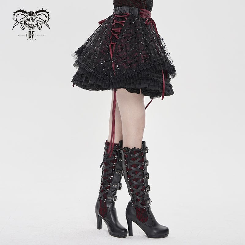 DEVILFASHION Women's Gothic Layered Lace-up Plaid Skirt Black-Red