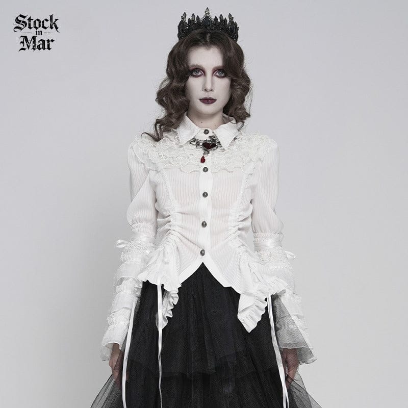 DEVILFASHION Women's Gothic Pinstripe Drawstring Flared Sleeved Shirt White