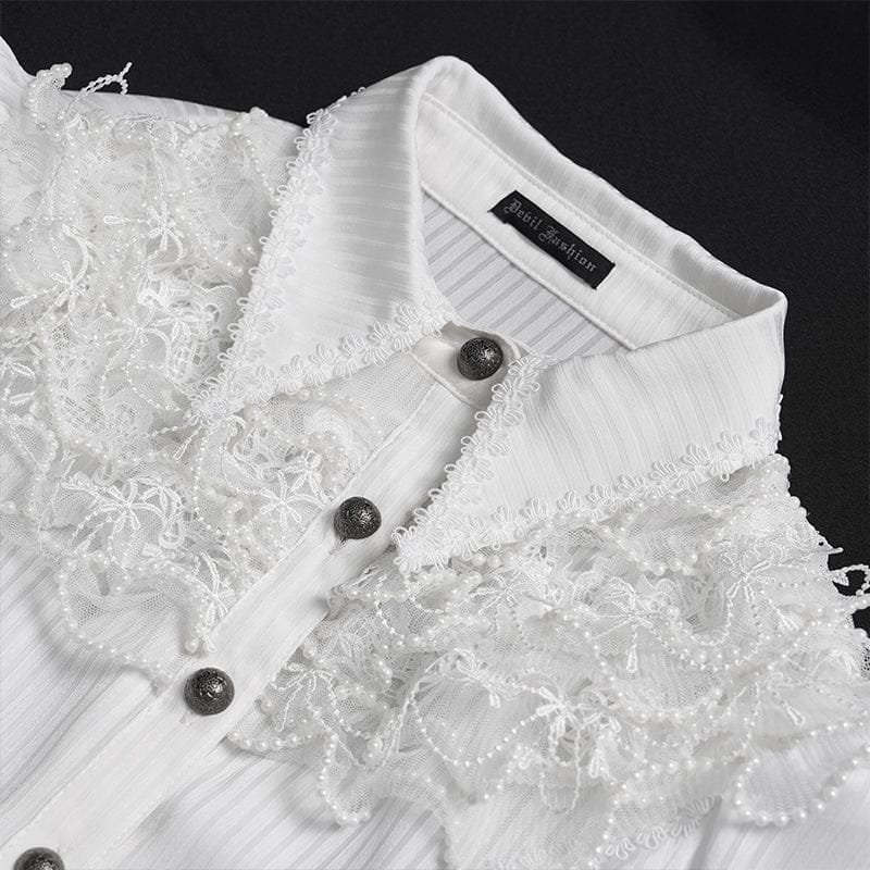 DEVILFASHION Women's Gothic Pinstripe Drawstring Flared Sleeved Shirt White