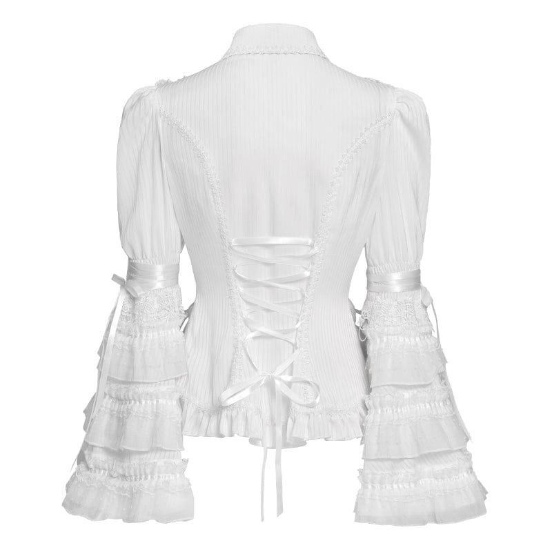 DEVILFASHION Women's Gothic Pinstripe Drawstring Flared Sleeved Shirt White