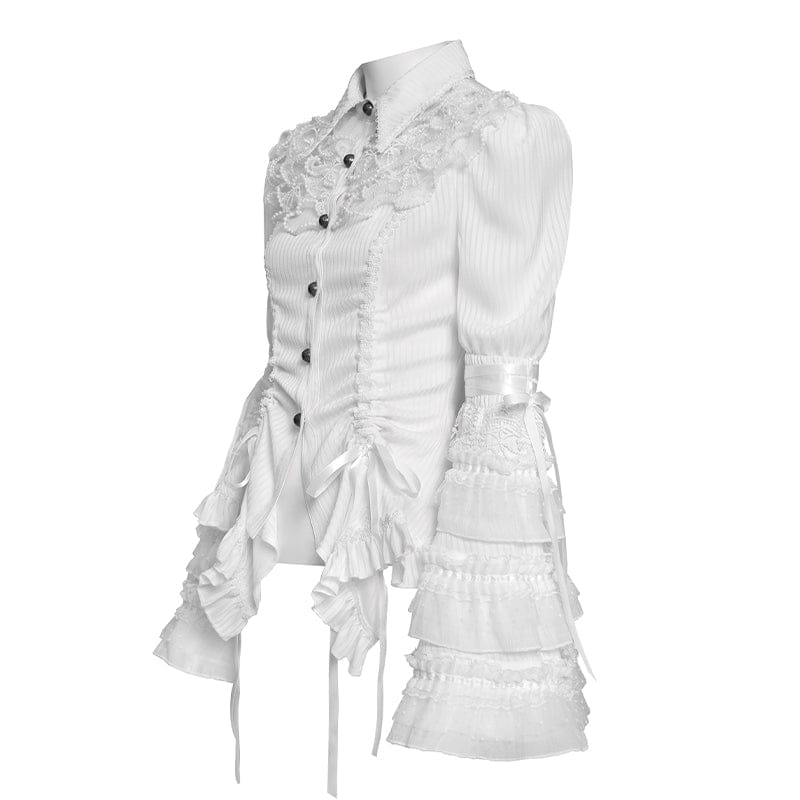 Women's Gothic Pinstripe Drawstring Flared Sleeved Shirt White