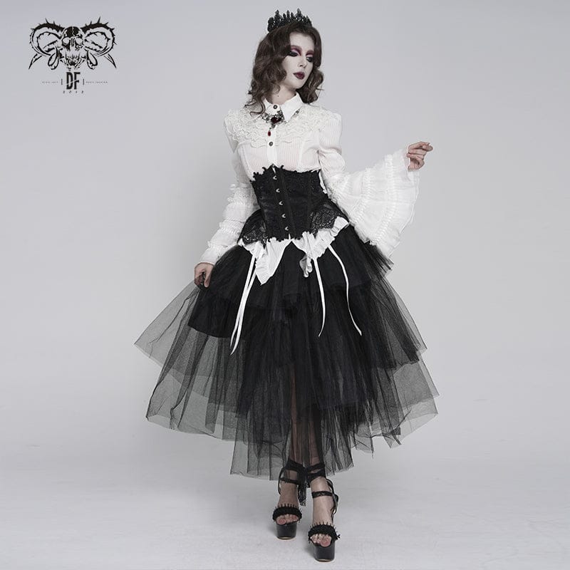 DEVILFASHION Women's Gothic Pinstripe Drawstring Flared Sleeved Shirt White
