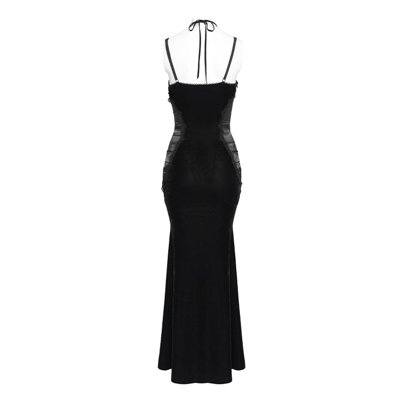DEVILFASHION Women's Gothic Plunging Pleated Maxi Dress Black