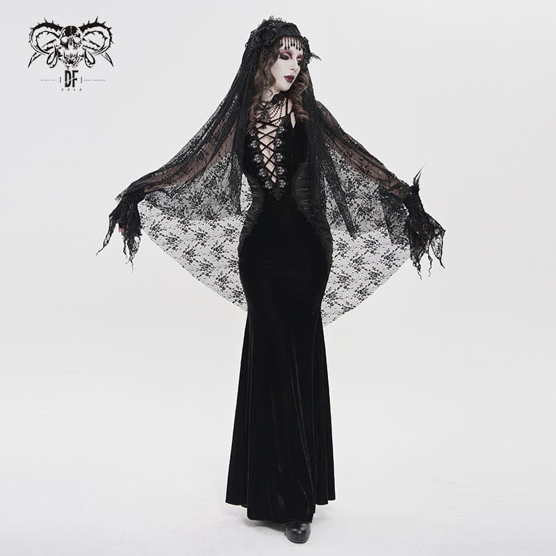 DEVILFASHION Women's Gothic Plunging Pleated Maxi Dress Black