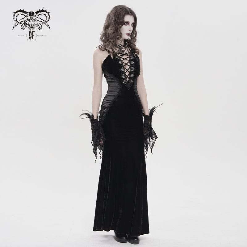 DEVILFASHION Women's Gothic Plunging Pleated Maxi Dress Black