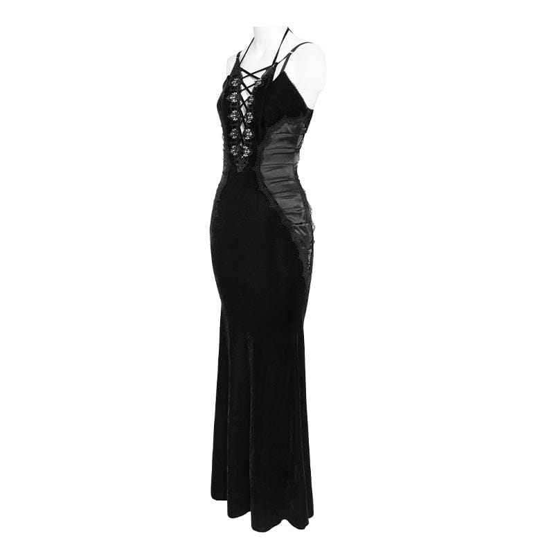 DEVILFASHION Women's Gothic Plunging Pleated Maxi Dress Black
