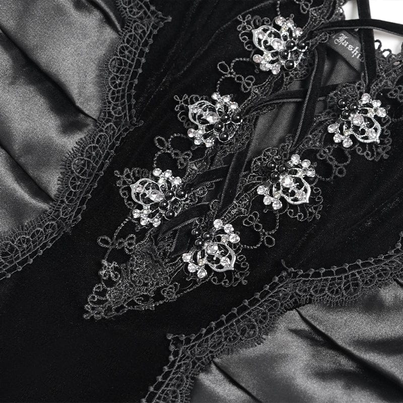 DEVILFASHION Women's Gothic Plunging Pleated Maxi Dress Black