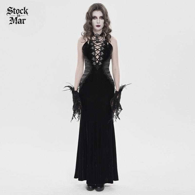 DEVILFASHION Women's Gothic Plunging Pleated Maxi Dress Black