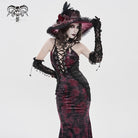 DEVILFASHION Women's Gothic Plunging Pleated Maxi Dress Black-Red