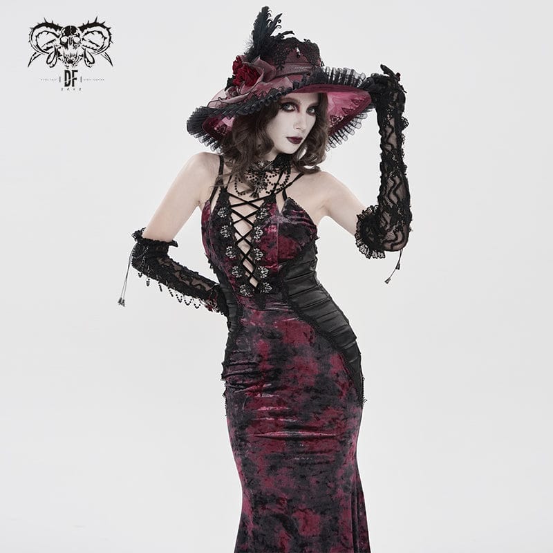DEVILFASHION Women's Gothic Plunging Pleated Maxi Dress Black-Red