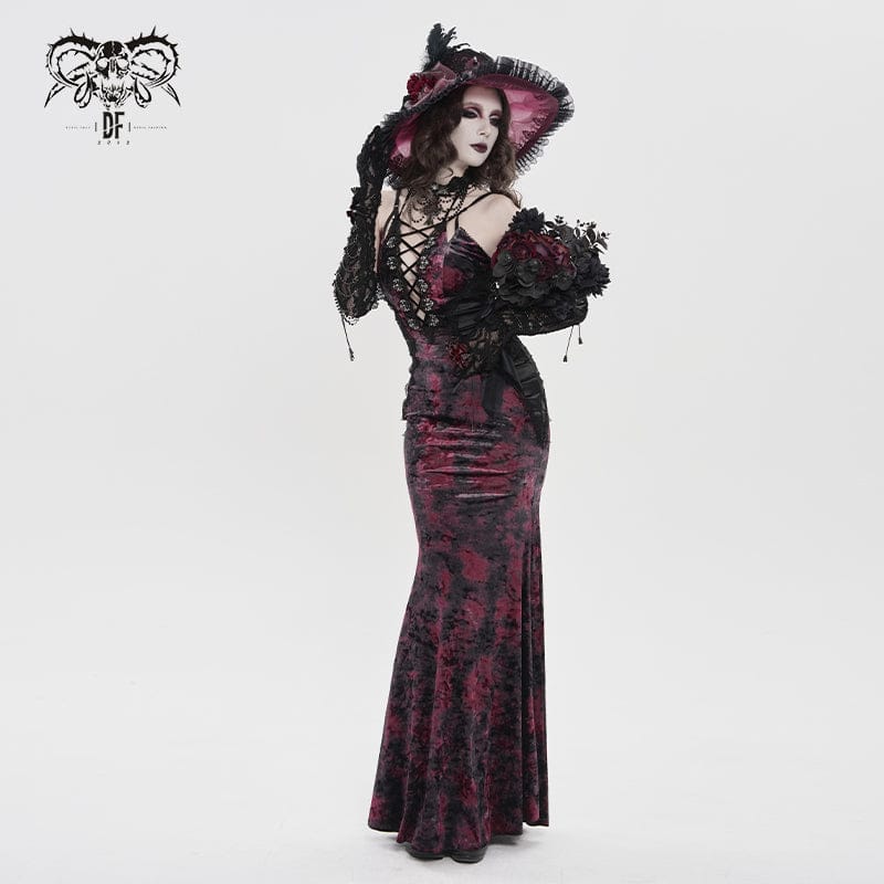 DEVILFASHION Women's Gothic Plunging Pleated Maxi Dress Black-Red