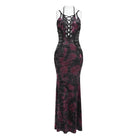 DEVILFASHION Women's Gothic Plunging Pleated Maxi Dress Black-Red