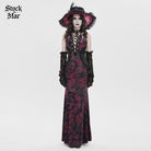 DEVILFASHION Women's Gothic Plunging Pleated Maxi Dress Black-Red