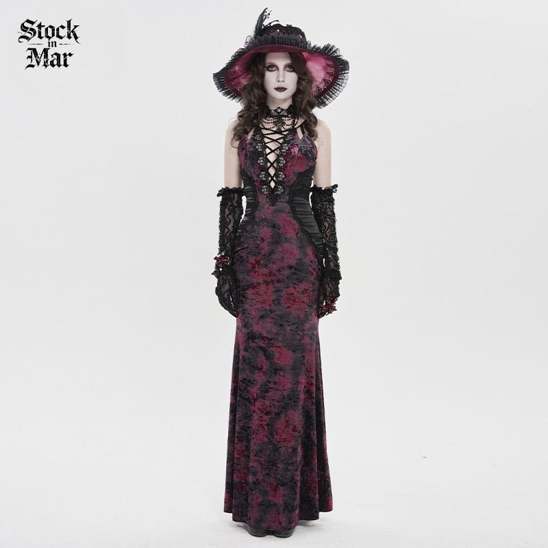 DEVILFASHION Women's Gothic Plunging Pleated Maxi Dress Black-Red
