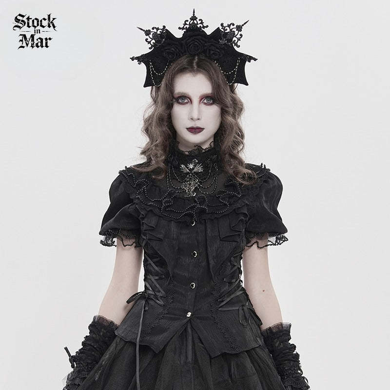 DEVILFASHION Women's Gothic Ruffled Stand Collar Puff Short Sleeved Shirt Black