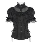 DEVILFASHION Women's Gothic Ruffled Stand Collar Puff Short Sleeved Shirt Black