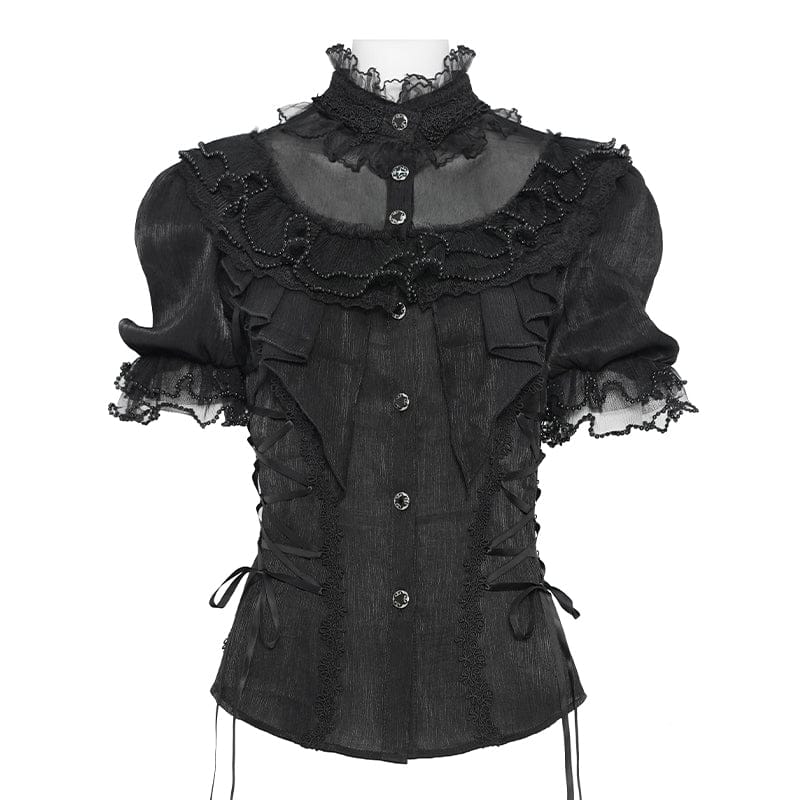 DEVILFASHION Women's Gothic Ruffled Stand Collar Puff Short Sleeved Shirt Black
