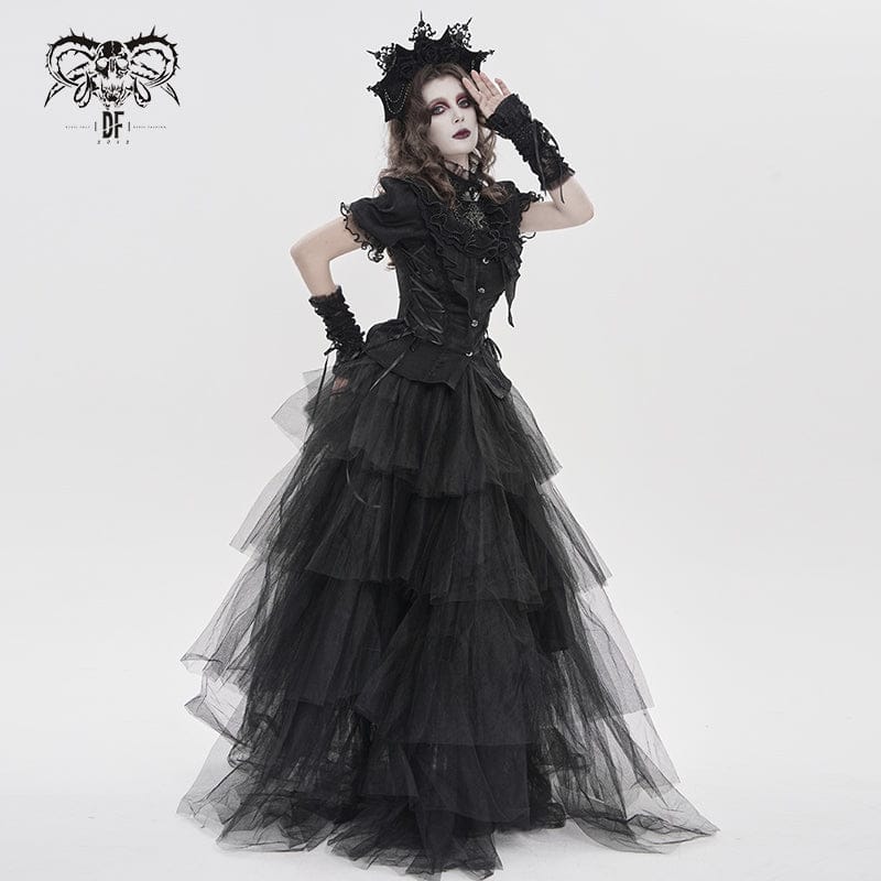 DEVILFASHION Women's Gothic Ruffled Stand Collar Puff Short Sleeved Shirt Black