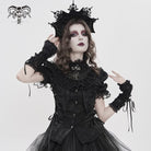 DEVILFASHION Women's Gothic Ruffled Stand Collar Puff Short Sleeved Shirt Black