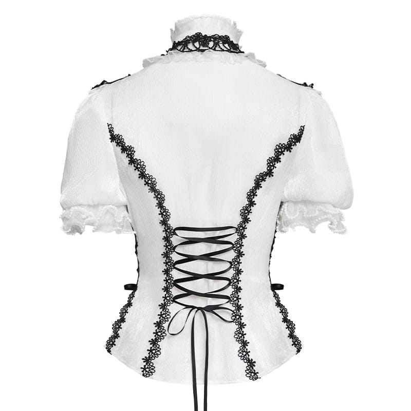 DEVILFASHION Women's Gothic Ruffled Stand Collar Puff Short Sleeved Shirt Black-White