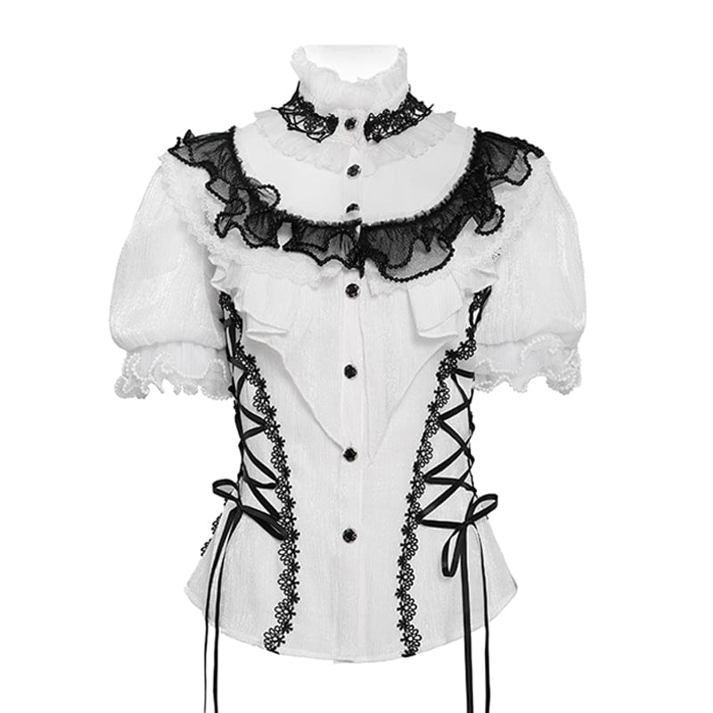 DEVILFASHION Women's Gothic Ruffled Stand Collar Puff Short Sleeved Shirt Black-White