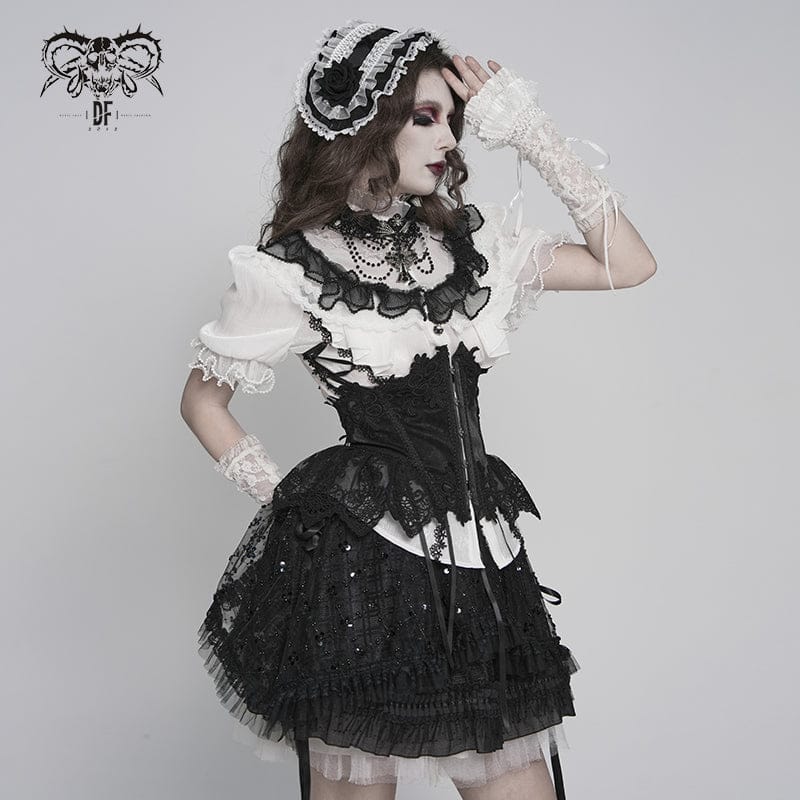 DEVILFASHION Women's Gothic Ruffled Stand Collar Puff Short Sleeved Shirt Black-White