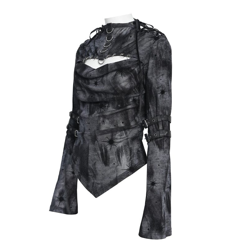 DEVILFASHION Women's Punk Asymmetric Cutout Printed Long Sleeved Shirt