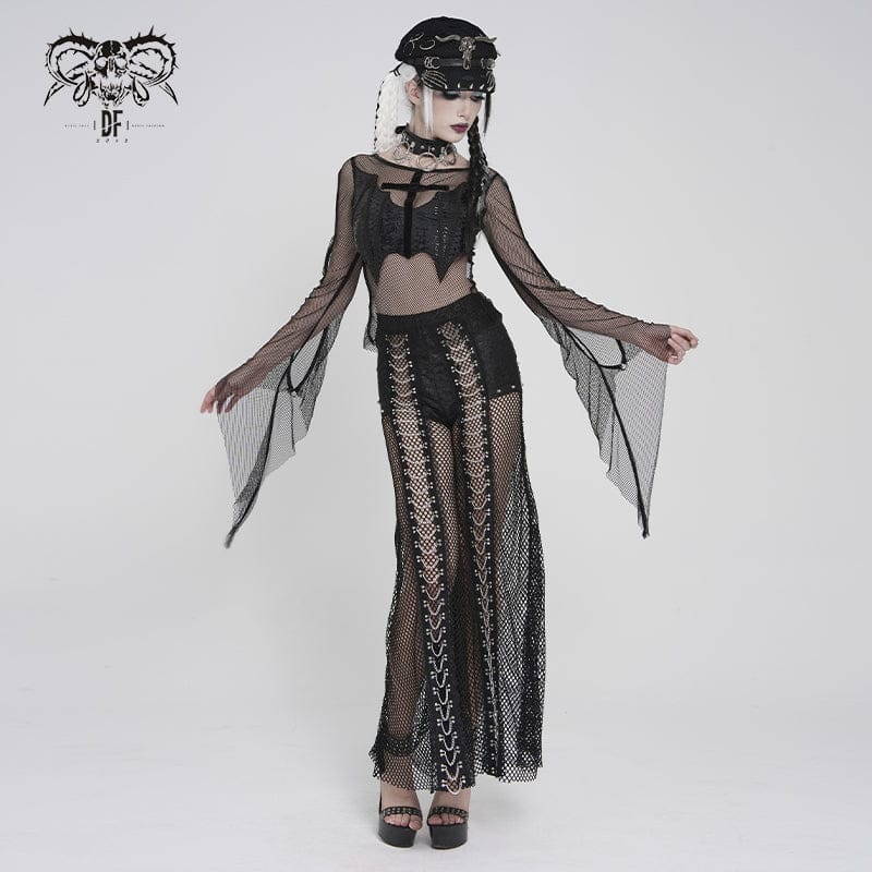 DEVILFASHION Women's Punk Bat Cross Mesh Top