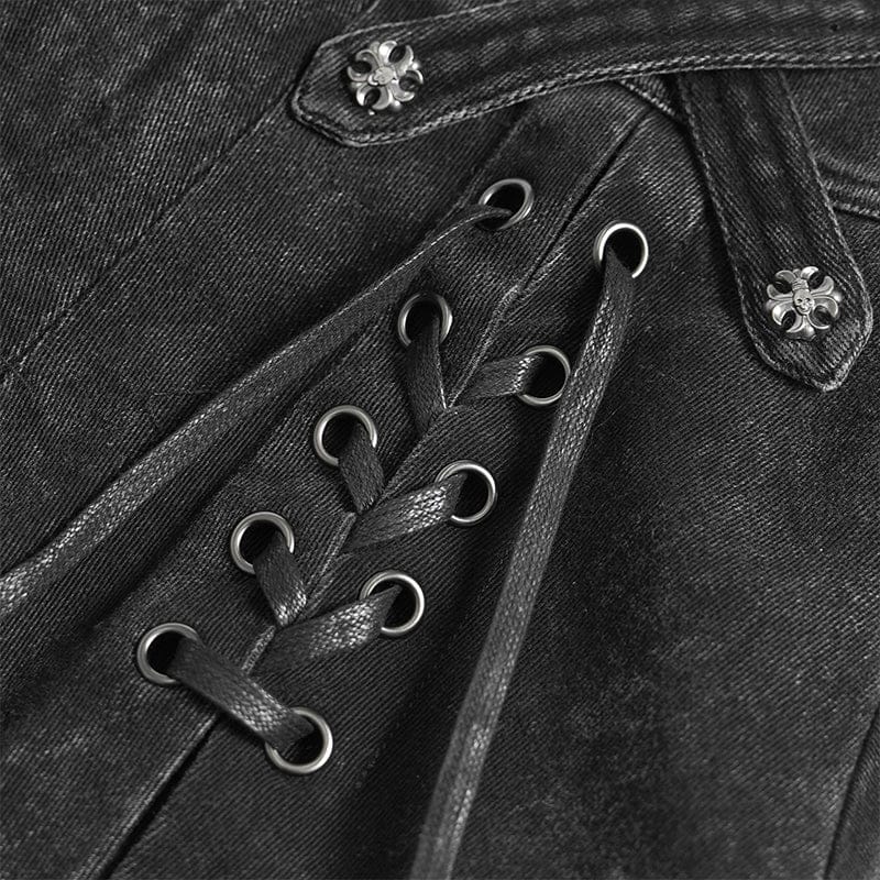 DEVILFASHION Women's Punk Cross Eyelets High/Low Pleated Skirt