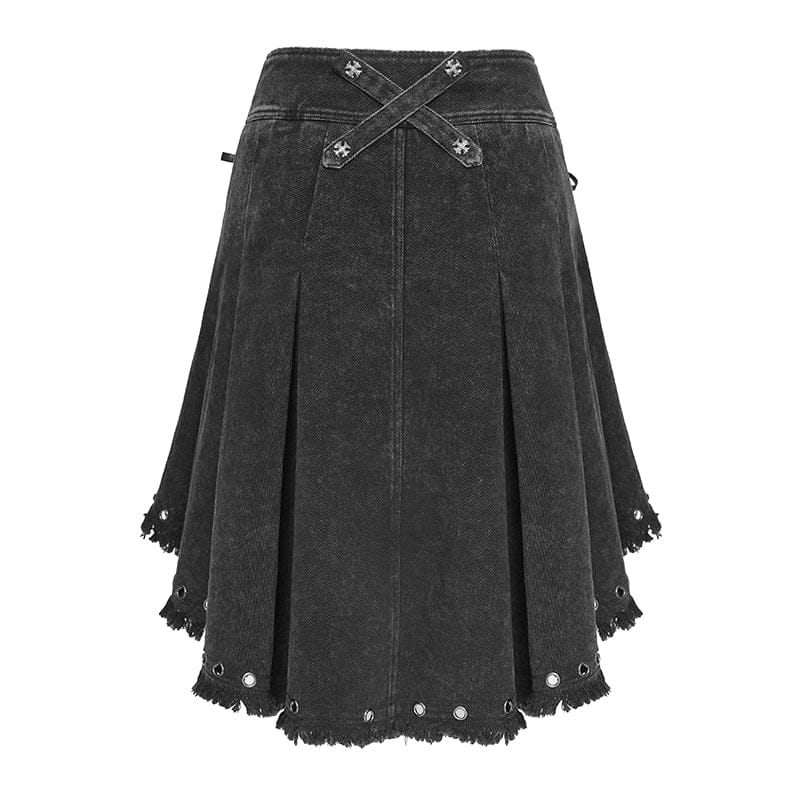 DEVILFASHION Women's Punk Cross Eyelets High/Low Pleated Skirt
