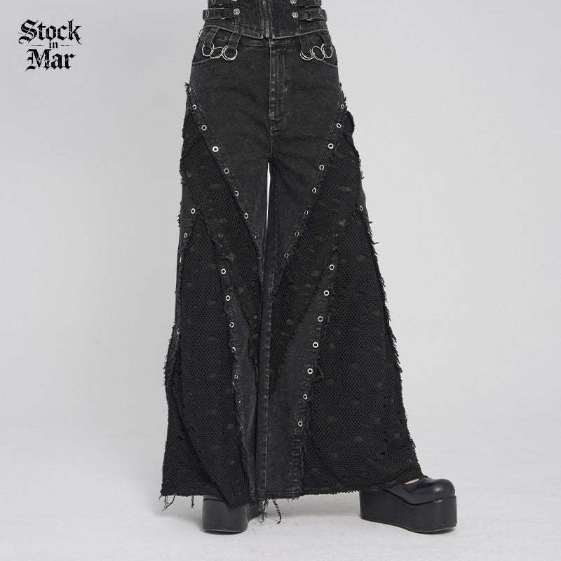 DEVILFASHION Women's Punk Eyelets Layered Ripped Pants