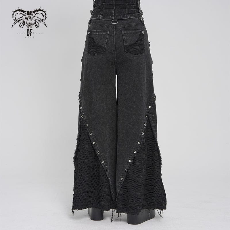 DEVILFASHION Women's Punk Eyelets Layered Ripped Pants
