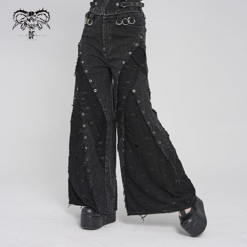 DEVILFASHION Women's Punk Eyelets Layered Ripped Pants