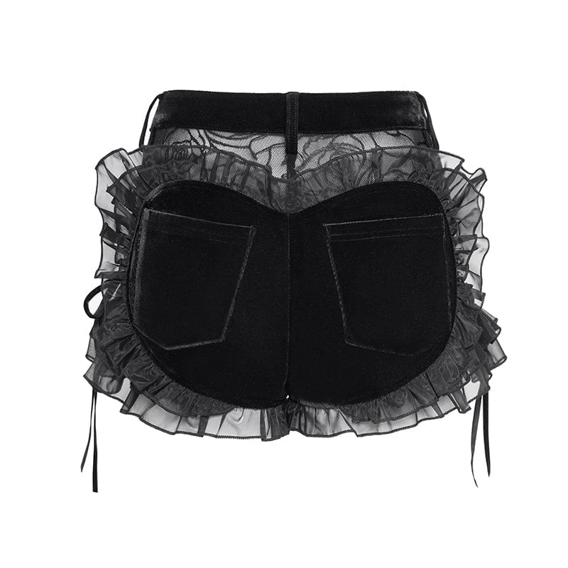 DEVILFASHION Women's Punk Floral Mesh Ruffled Lace-up Shorts