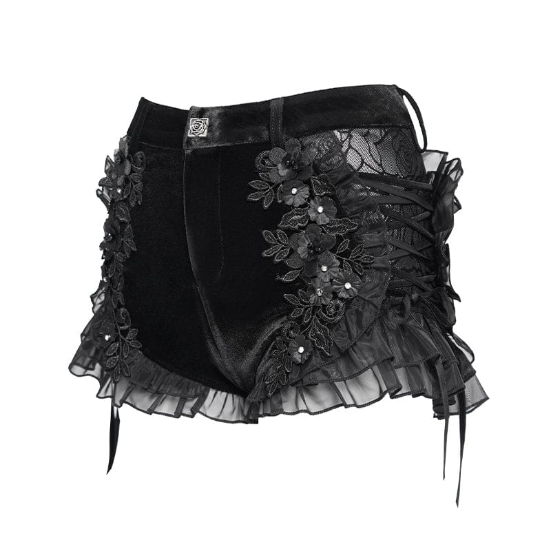 DEVILFASHION Women's Punk Floral Mesh Ruffled Lace-up Shorts