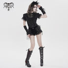 DEVILFASHION Women's Punk Floral Mesh Ruffled Lace-up Shorts