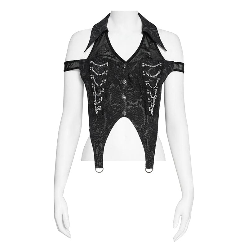 DEVILFASHION Women's Punk Irregular Chained Off Shoulder Vest