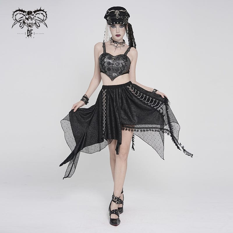 DEVILFASHION Women's Punk Irregular Chained Streamer Skirt