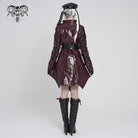 DEVILFASHION Women's Punk Irregular Eyelets & Rings Turn-down Collar Jacket Black-Red