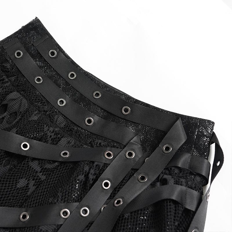 DEVILFASHION Women's Punk Irregular Skull Eyelet Straps Mesh Skirt Black