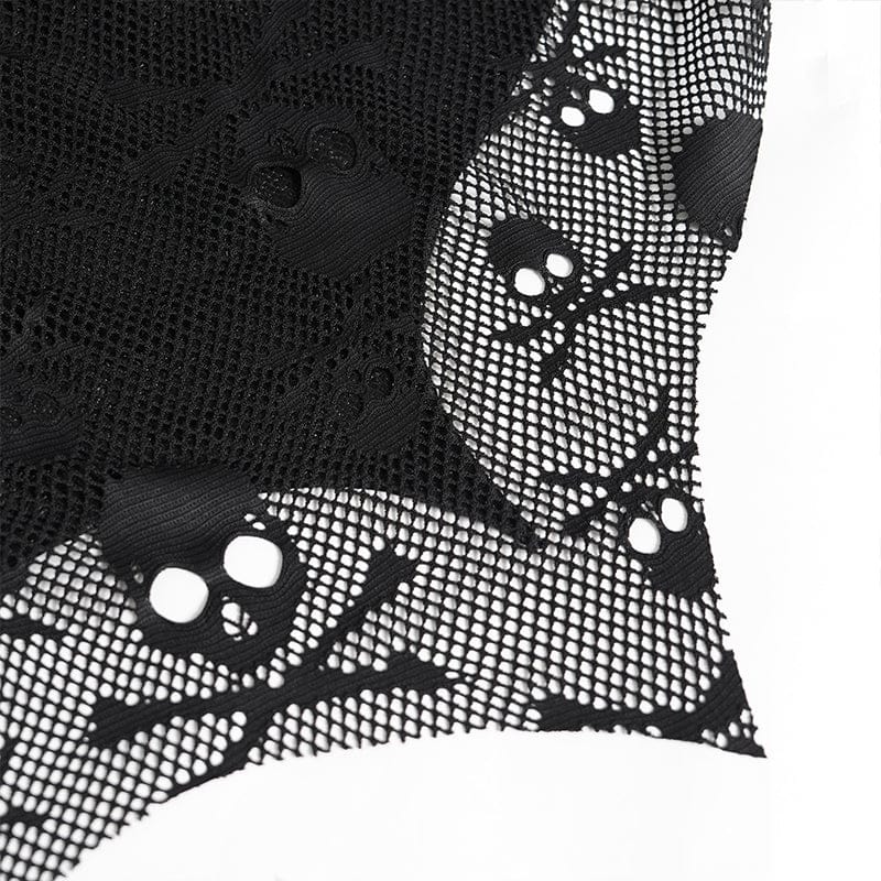DEVILFASHION Women's Punk Irregular Skull Eyelet Straps Mesh Skirt Black