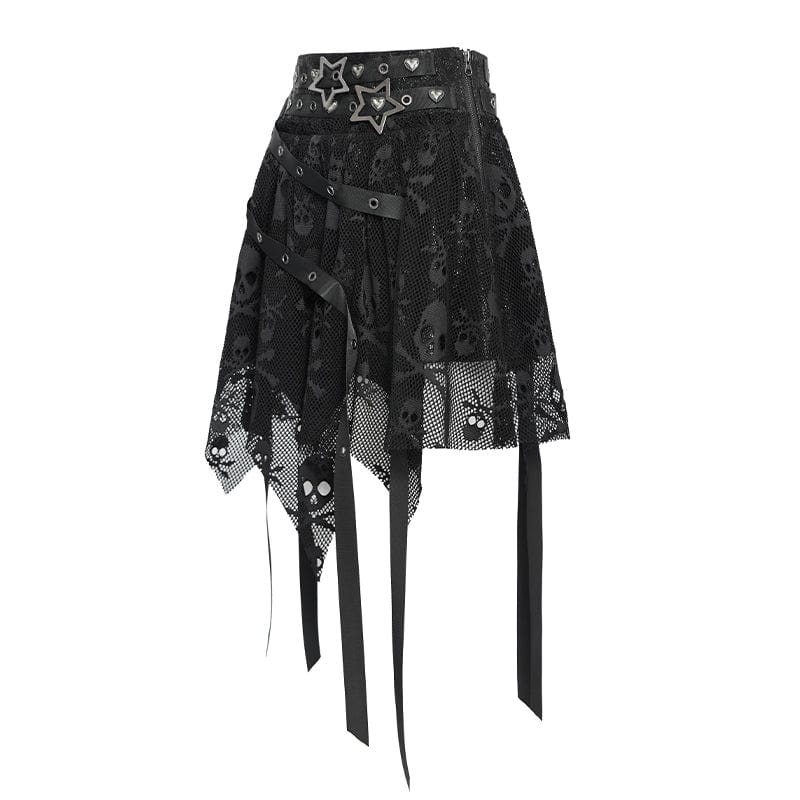 DEVILFASHION Women's Punk Irregular Skull Eyelet Straps Mesh Skirt Black