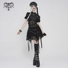 DEVILFASHION Women's Punk Irregular Skull Eyelet Straps Mesh Skirt Black